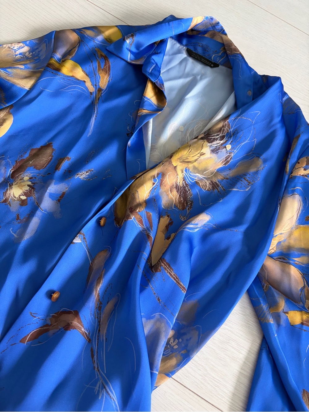 Satin Blue Floral Button Up Blouse